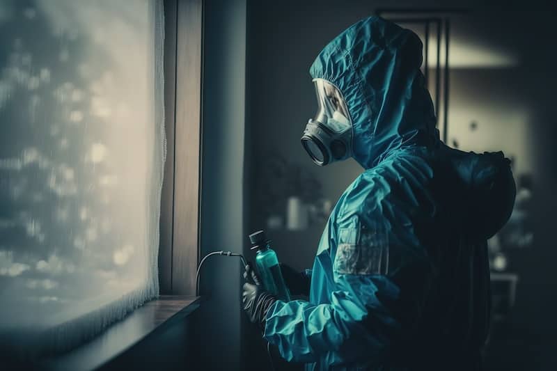 Coronavirus pandemic. a disinfector in a protective suit and mask sprays disinfectants in house or office.