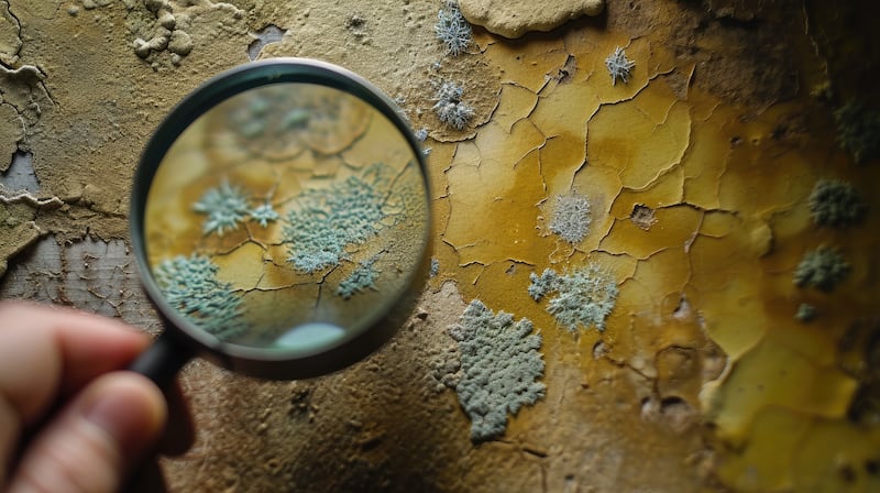 mold on wall background with person magnifying it, in the style of herb trimpe, rebecca louise law, tabletop photography, circular shapes, miroslav tichý, macro zoom, absinthe culture --ar 16:9 --iw 2 --v 6 Job ID: ecee8133-c3cc-4269-b532-effb0de9c29b