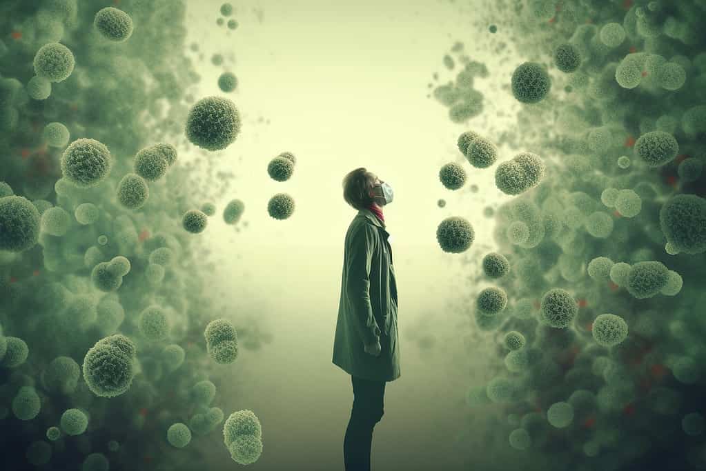 Mold allergy: Illustration of mold spores in the air or a person experiencing respiratory distress due to mold exposure Generative AI