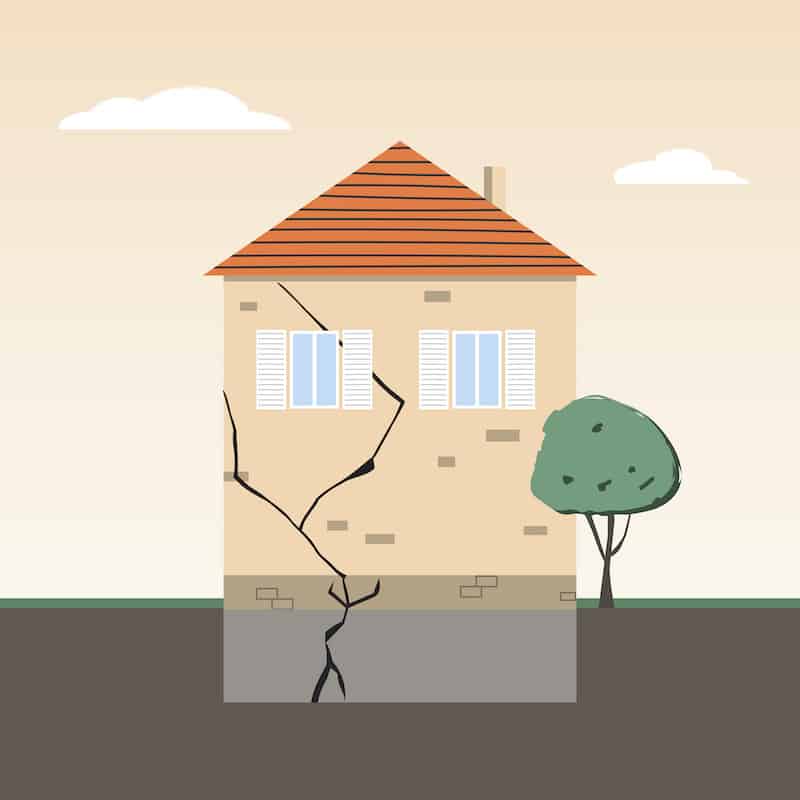House foundation problem. Crack in the wall or foundation due to deformation and partial destruction.