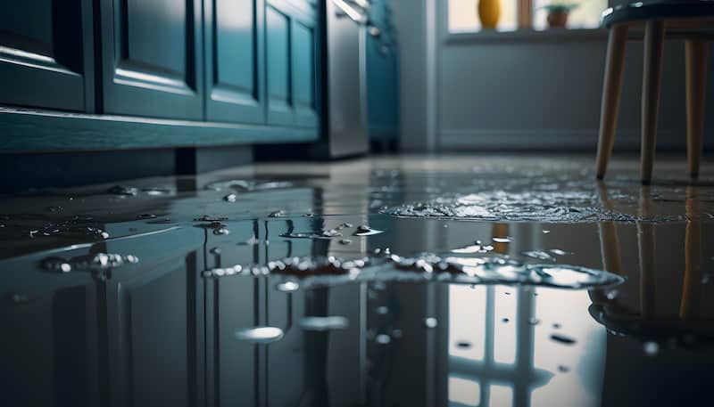 Flooded floor in kitchen from water leak. Damage , Property insurance concept. Generation AI.