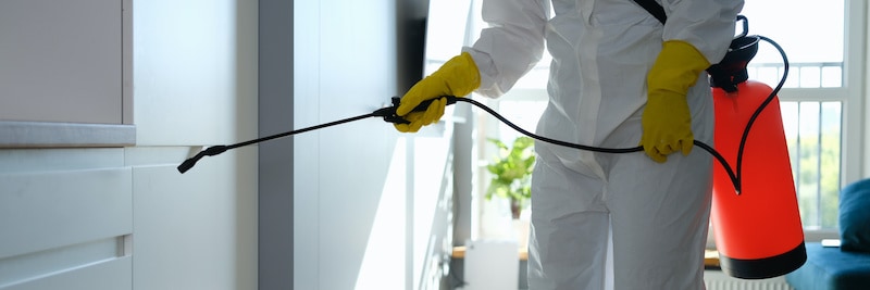 Worker in protective overalls and gloves disinfecting apartment. Disinsection concept