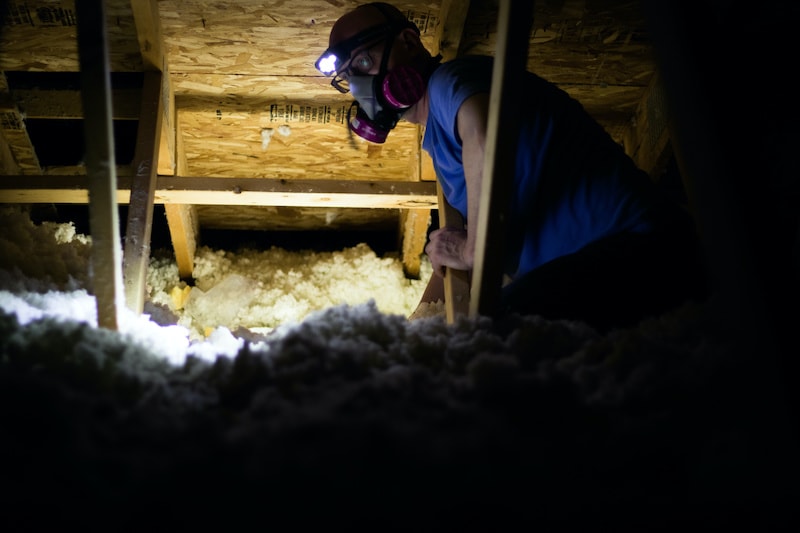 Working in a dark and dusty attic with insulation attic inspection