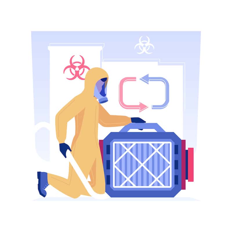 Air filtration isolated concept vector illustration. Private house maintenance service worker with remediation Hepa filter, mold removal method idea, kill bacteria vector concept.