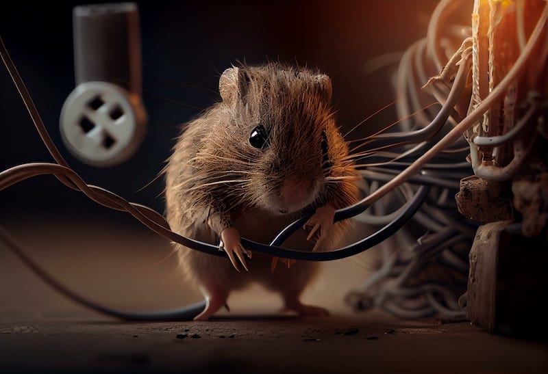 Home electrical wires chewed on by mouse. Rodent damage, infestation and pest control concept. Generative AI