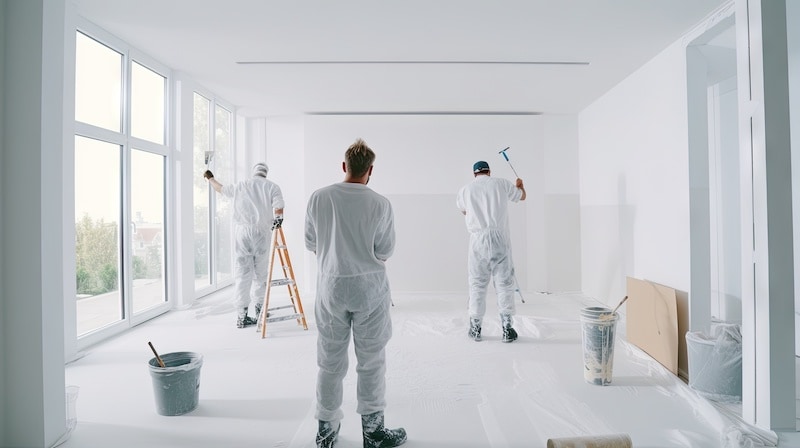 Painting company workers painting white wall of a new house. Working together on a restoration