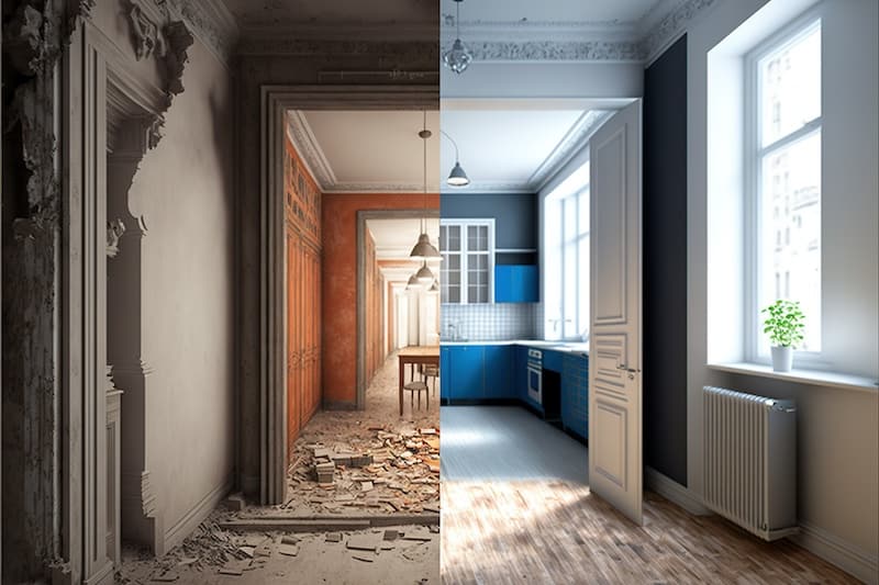 ai generated renovation concept , apartment before and after restoration or refurbishment