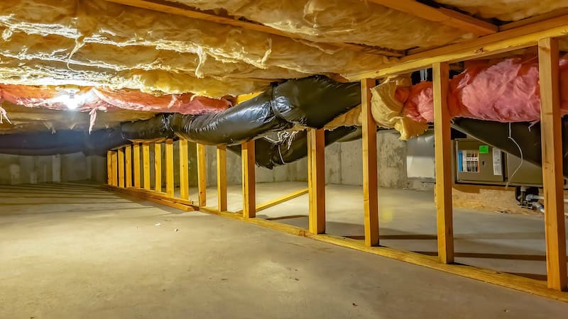 Panorama Basement or crawl space with upper floor insulation and wooden support beams. An area of limited height under the floor of a house with concrete wall and floor.