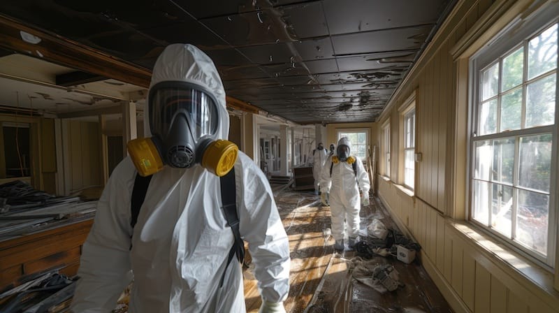 a specialist in a protective suit from a cleaning company cleans a destroyed housing after natural disaster