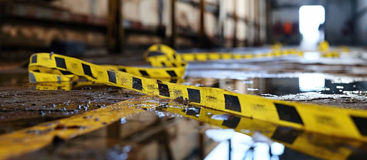 Chemical spill barrier tape for area closure and cleanup procedures.