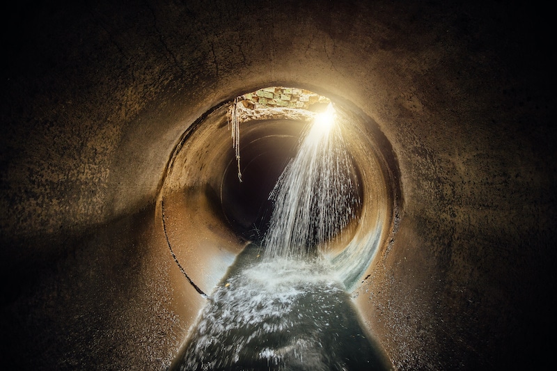 Flooded round sewer tunnel with water reflection.