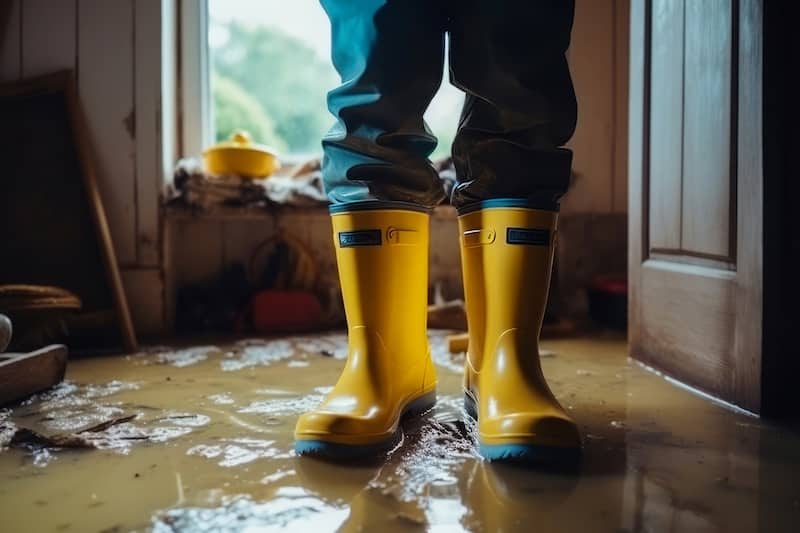 Boots flooded house closeup. Home rain flood. Generate Ai