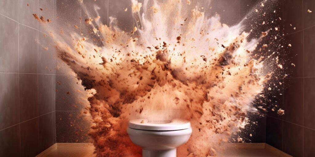 Exploding toilet bowl, concept of Fragile plumbing and Unstable pressure, created with Generative AI technology