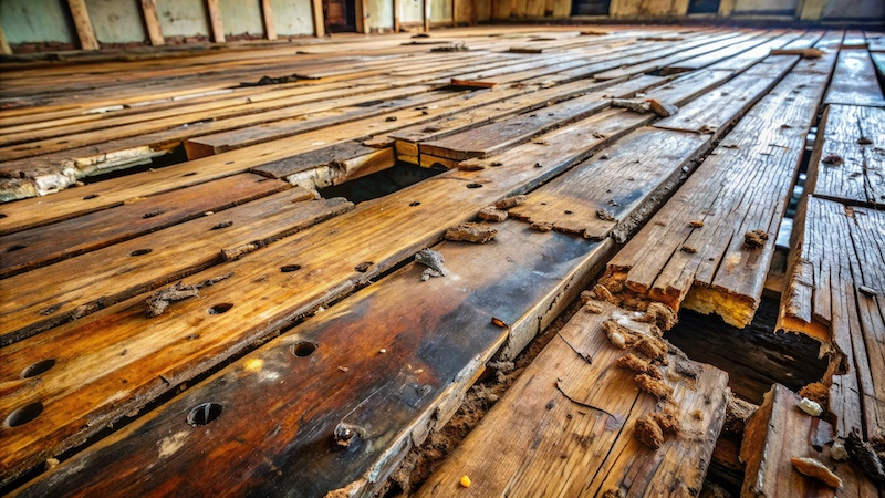 Decaying wooden floorboards with holes and cracks, covered in dirt and debris, showing signs of extensive water damage and neglect.
