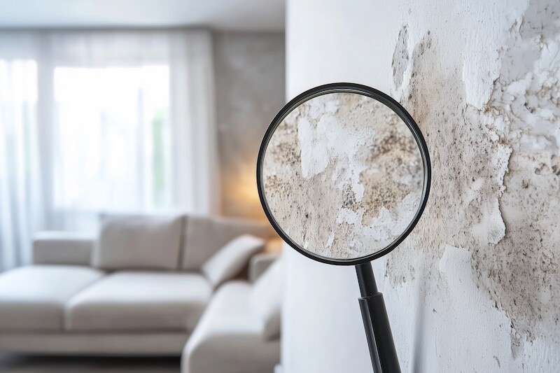 Mold under magnifying glass on walls of apartment, high humidity and its negative impact on health. Damage, respiratory issues, allergies, poor indoor air quality, and need for mold remediation.