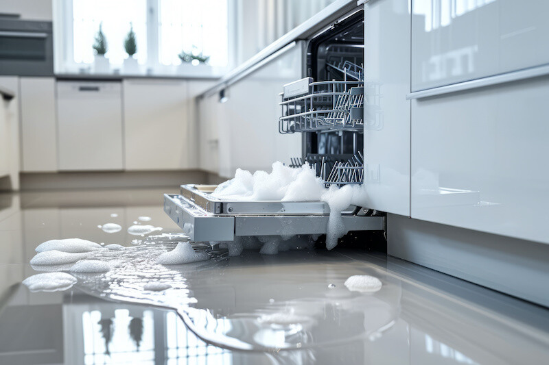Broken dishwasher leaking in a white modern kitchen with a door open and a lot of foam and water coming out of it on the floor