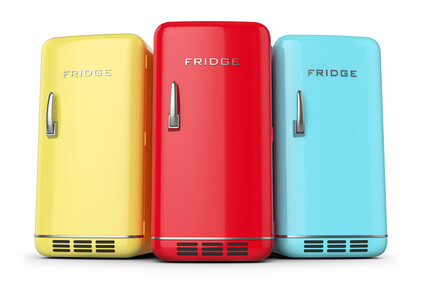 Group of retro colored fridges in row isolated on white background 3d