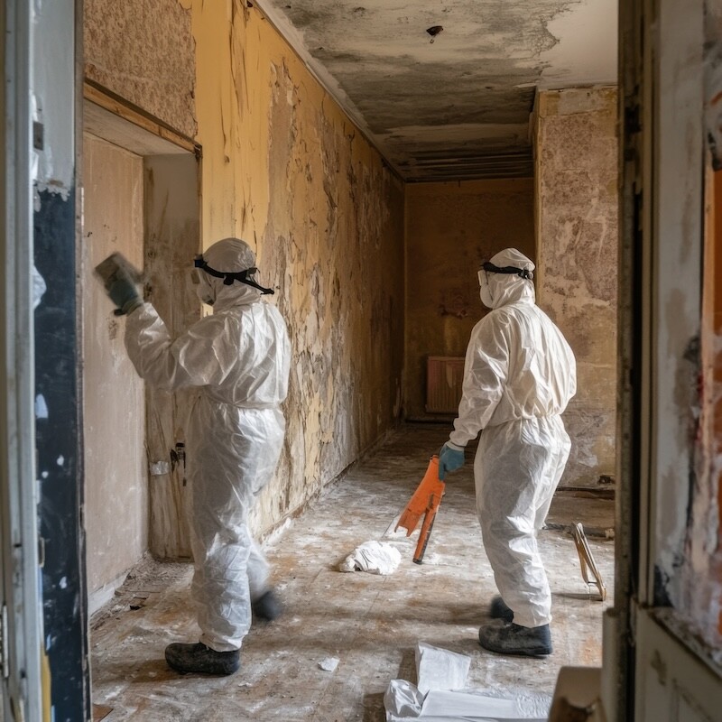 women performing asbestos abatement in an old school building --v 6.1 Job ID: 67a56955-0ea0-4927-94f7-27ec295e8ae1