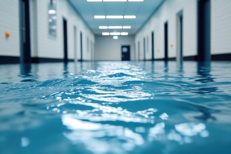 Close-up of clear blue water forming small, detailed waves as it moves through a flooded hallway. --chaos 20 --ar 3:2 --profile m2wnc75 --v 6.1 Job ID: 3de5e9d1-8304-43a9-8f13-652321bb9413