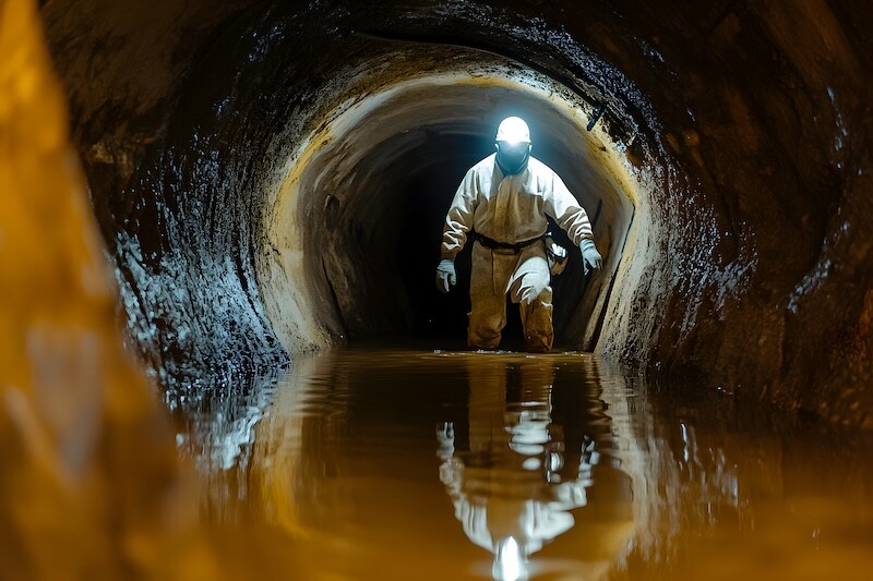 A man, dressed in protective gear, walks carefully through a sewer tunnel filled with shallow water. The dimly lit environment creates reflections on the wet surface.