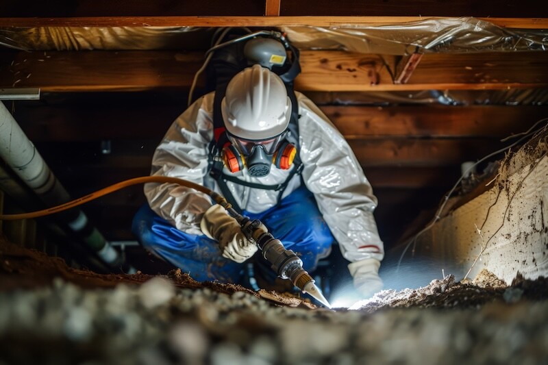 A skilled worker in protective gear utilizes a power tool for inspection and maintenance in a crawl space, emphasizing safety and professional standards in construction environments.