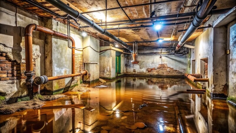 Waterlogged basement scene with puddles, damp walls, and rusty pipes, highlighting the devastating effects of flooding and water damage on a neglected underground space.