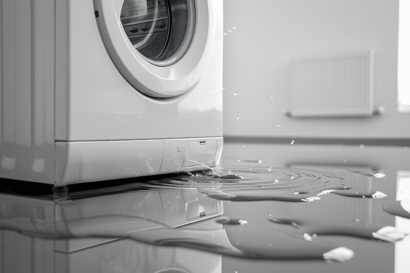 The washing machine is broken and leaking, a puddle under the washing machine on a white background.
