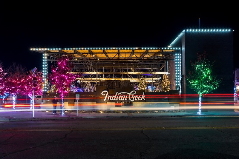 Indian Creek Plaza building decorated and illuminated for Christmas. Caldwell, Idaho Water Damage