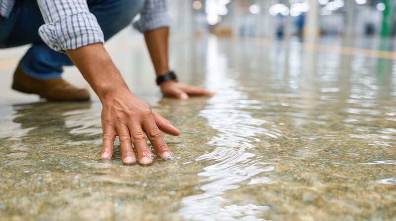 Close-up of engineerâ€™s hand reaching out to touch water on warehouse floor, checking temperature --chaos 20 --ar 16:9 --profile 6wvx22l --v 7 Job ID: 93a7ef5d-b68b-453f-9917-9418d7d07d11