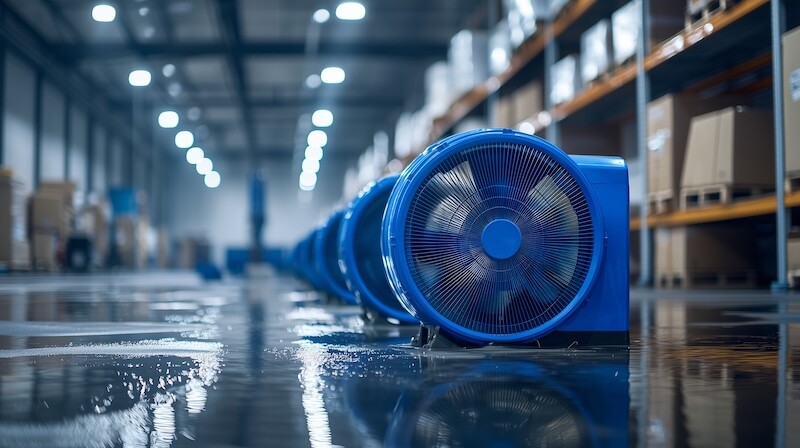 Industrial fans drying wet floor, essential for structural drying post-water damage.