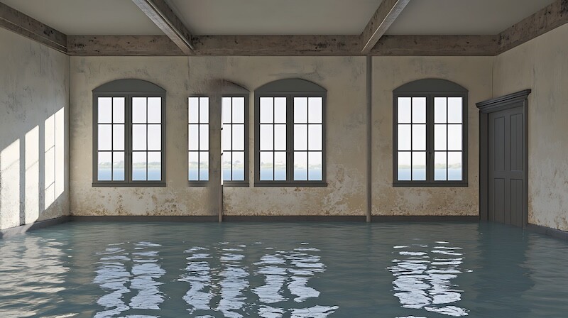An interior scene showcases water accumulation within a building. The image highlights the reflections of windows and architectural details in the pooled water, set against a neutral color palette. The composition emphasizes the state of disrepair and water damage. Suitable for illustrating concepts related to property issues, insurance claims, restoration services, and potential environmental hazards, this visual can be used for articles, presentations, and marketing materials.
