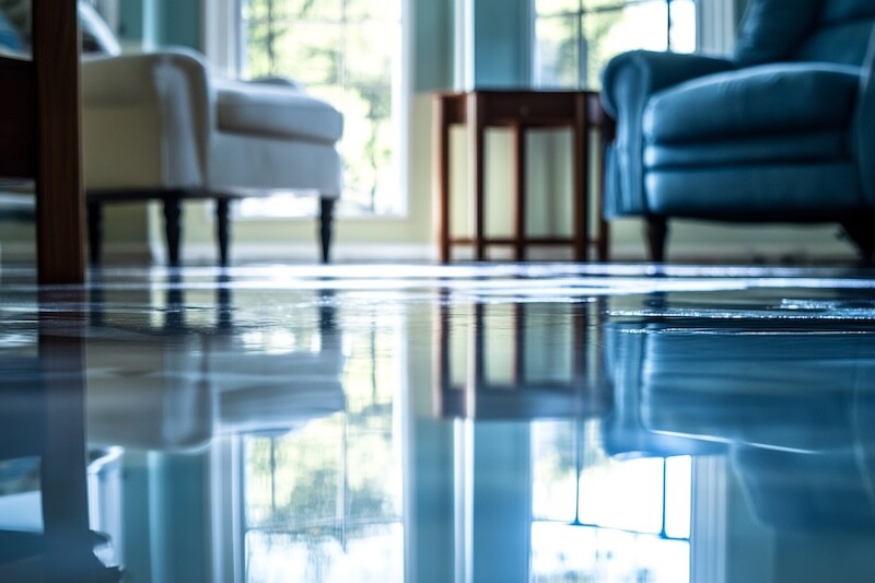 Flooded living room furniture reflecting in shiny floor water damage