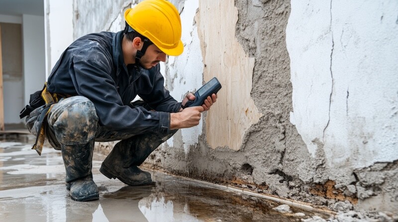 Technician with helmet using handheld sensor on soaked drywall, water stains and warped floor in focus, damage assessment vibe --ar 91:51 --v 6.1 Job ID: b5766aa5-6e15-49f7-ba52-f59c4a203cbd