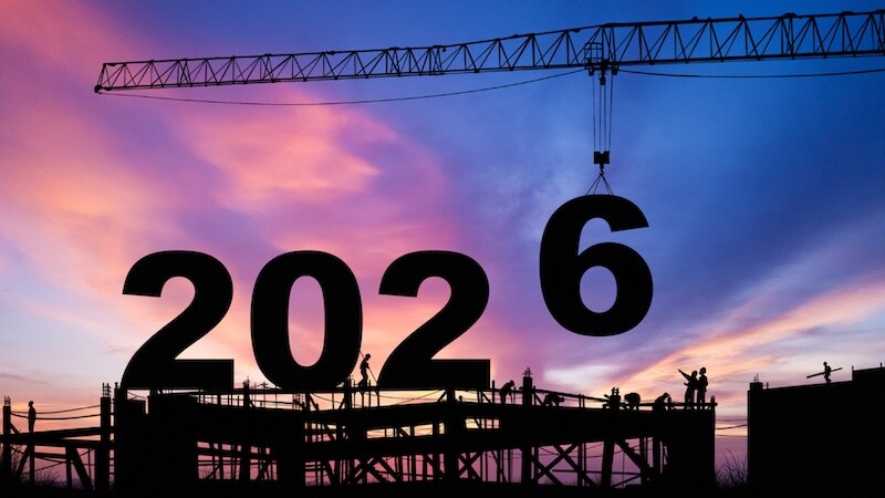 crane lifting number 6 come down to 2026 , prepare for welcome start of beginning new year 2025 with silhouette construction site and worker staff team cooperate together , sunrise sky at background