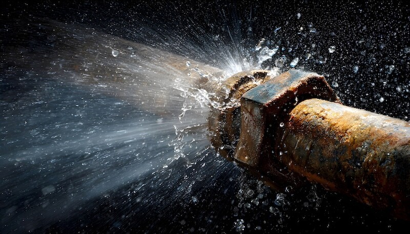 A rusty pipe bursts spraying water in a dramatic urgent scene highlighting a plumbing emergency and potential damage
