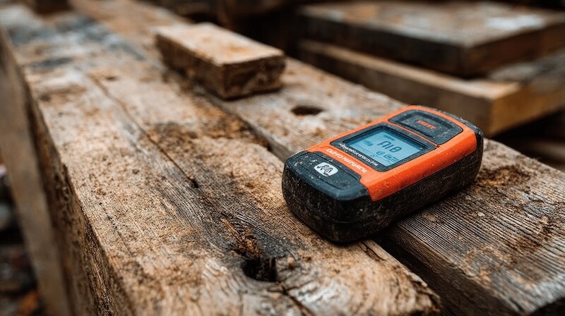 A close-up image showcases a handheld moisture meter resting on aged wooden planks, indicating the level of humidity. This scene implies quality control on construction sites or carpentry workshops, focusing on precision, industry standards, and expert analysis.