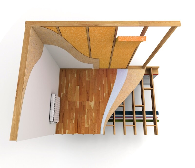 Architecture rendering of a home interior showing tubing, insulation, structure, etc..