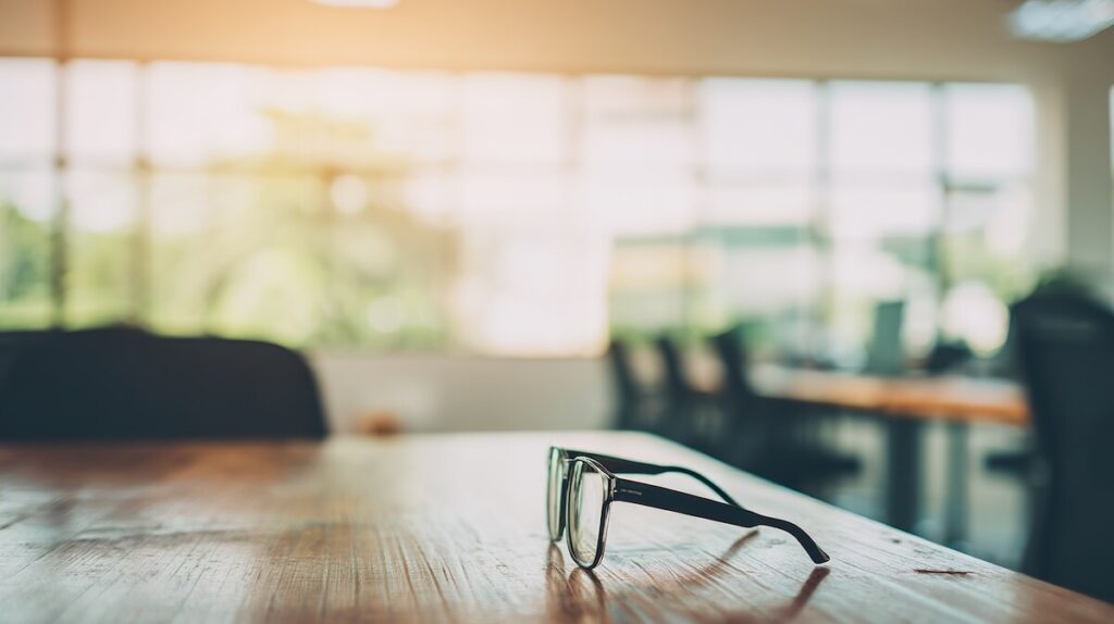 Clean wooden desk with eyeglasses neatly placed, after-hours office atmosphere, soft ambient light from window, f/4.0, blurred open-plan office background with copy space --chaos 25 --ar 16:9 --raw --stylize 20 --v 7 Job ID: 634bf9c5-525e-431f-a6d9-6b4e0062f8ca