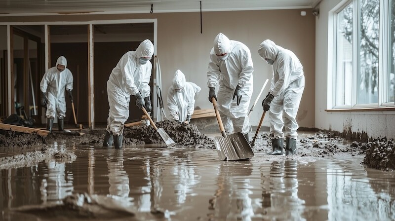 Workers in hazmat suits cleaning a flooded room, symbolizing disaster recovery and environmental cleanup.
