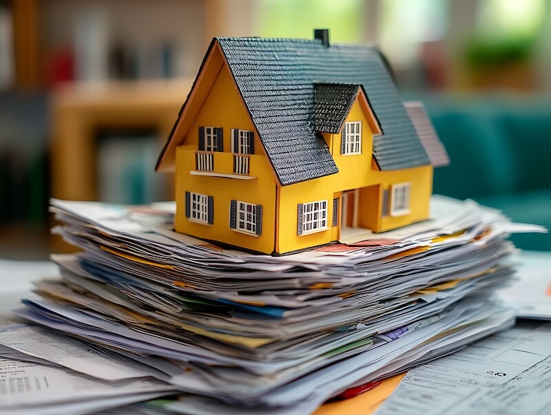 Miniature house atop a stack of documents