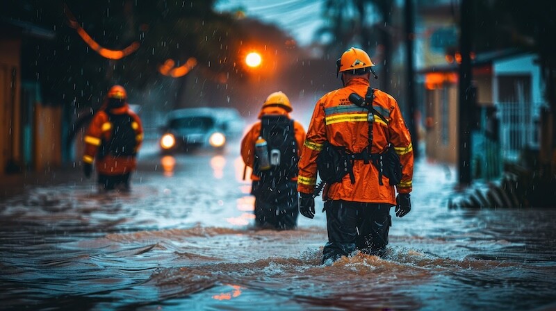 Rescue workers navigating through flooded urban streets at night, responding to a natural disaster for emergency assistance.