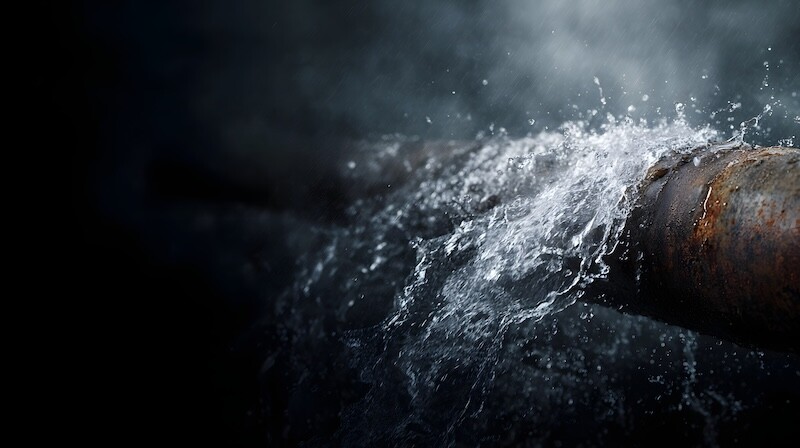 Close up view of a rusty industrial pipe rupturing and spraying water forcefully set against a dark dramatic background signifying an urgent plumbing crisis