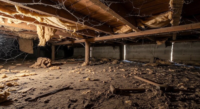 A crawlspace interior reveals a dirt floor, support beams, and insulation, highlighting the unseen infrastructure beneath a building.