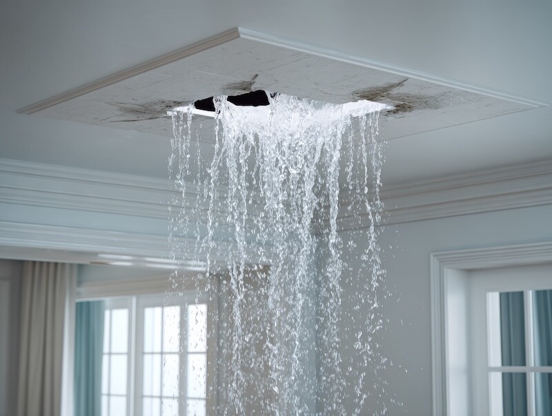 Gypsum ceiling in a home tears open, water raining down in waves, captured in close-up --chaos 20 --ar 4:3 --profile 6wvx22l --v 7 Job ID: 371460bb-7a88-4616-bf67-e507552edb4a