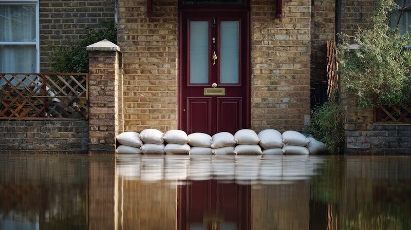 No people. Brick house facade partially visible with a dark red wooden front door centered-right, door with rectangular glass panels and a brass mail slot. Floodwater covers the bottom half of the scene, creating a mirror-like reflection of the door and brick wall. A stack of white sandbags piled in front of the door at ground level, sandbags fully visible in a low mound. Left side shows brick pillars and a decorative lattice panel, all reflected in the standing water. Camera eye-level straight-on medium shot, symmetrical reflection composition, with copy space, with blank area for text, leave space for overlay message in the flat reflective water area in the lower half. Soft natural daylight, calm surface reflections, documentary flood protection scene. High quality photography, shallow depth of field, natural realistic skin texture, fine pores on forehead, nose and cheeks, minor natural imperfections and subtle color transitions, soft natural glow of skin that is not too glossy, subtle highlights on forehead, nose and cheekbones, subtle texture under the eyes, eyes with anatomically correct pupils preserving the natural iris texture and pattern, clear detailed irises, no smudging or melting, even but not too smooth complexion, subtle grain, no plastic skin, no retouching, no waxy or doll-like skin, no beauty filter effect, no overly smooth or blurry skin, well-aligned naturally white teeth (not too bright), no illustrations, no digital painting, no 3D rendering, ultra-realistic, highest quality, 8k, well-groomed hands, realistic fingers with neat natural nails, proportional hands, anatomically correct, no distorted faces, no extra fingers, no logos, no text, no watermarks characters. Canon R5 Mark II, RF 50 mm, f/2.8, no logos, no text, no watermark ultra realistic, highest quality, 8k, well-groomed hands, realistic fingers, well-proportioned hands, anatomically correct, natural soft smiles, no distorted faces, no extra fingers, no logos, no text, no watermark --ar 16:9 --raw --profile 2pn2wwa --stylize 50 --v 7 Job ID: 3a552a2e-6648-46e8-b6b1-851cd9a5ea09
