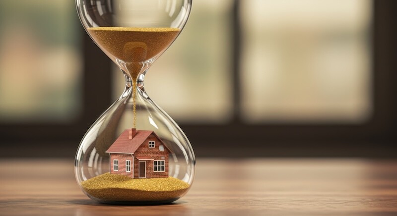 A house model sits in the bottom half of an hourglass as sand flows down from the top