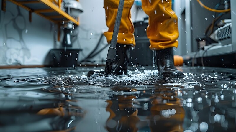 Mopping up water in flooded electric room with blurred cables Water damage from rain snow or burst pipe. Concept Water Damage, Flooding Emergency, Electrical Hazards, Disaster Cleanup