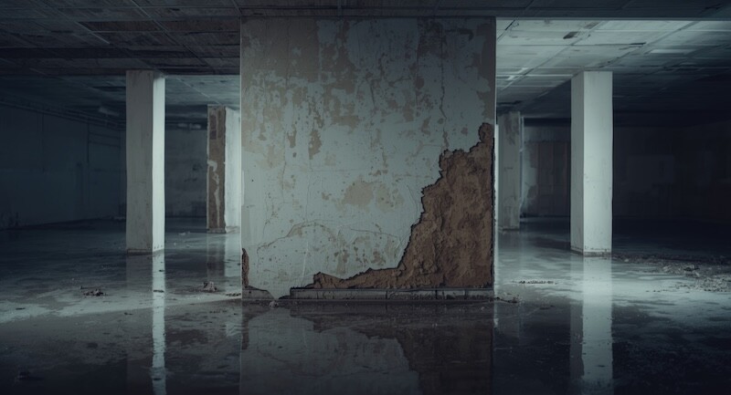 Basement flood water damages drywall needing removal and repair