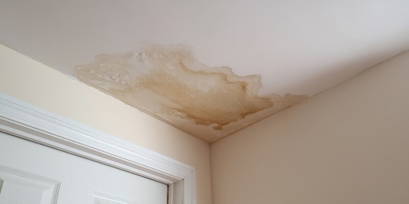 Water stain spreads across an indoor ceiling near a door. Damage, home maintenance, problem