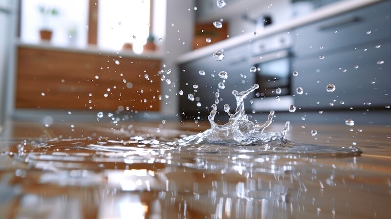 Close-up of a water splash from a leaky pipe hitting a laminate floor, droplets in mid-air, and a forming water puddle